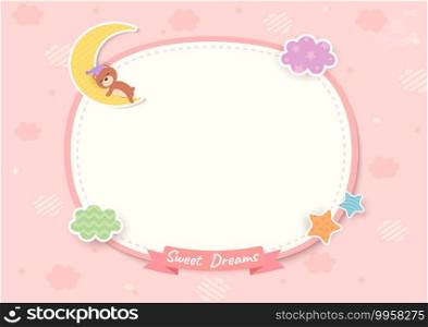 Sweet dream frame with teddy bear sleeping on pink background