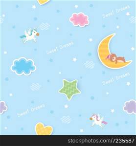 Sweet dreams cute seamless pattern design decorated with cloud, star,moon,heart and sleeping bear for baby bedroom wallpaper