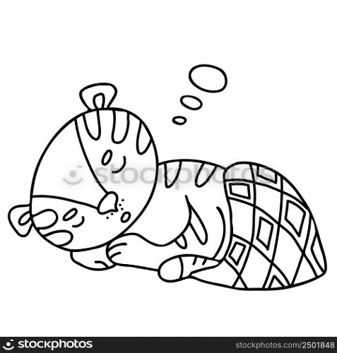 Sweet Dreams. Cute sleeping tiger under covers. Vector illustration. Linear hand drawing, sketch. Character for decor, design, for kids collection. 2022 is Tiger according to Eastern calendar