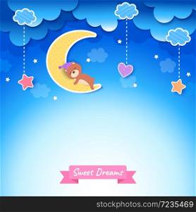 Sweet dreams design with cloud and bear on the moon on blue background