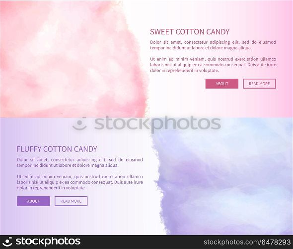 Sweet Fluffy Cotton Candy Advertisement Banner. Sweet fluffy cotton candy advertisement banner for web page design vector illustration. Favourite dessert for children in flat style