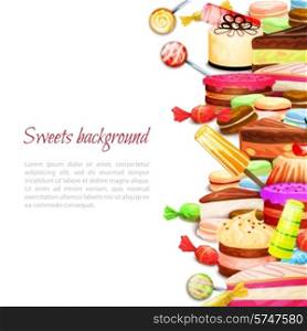 Sweet food background with layered cake ice cream macaron cookies vector illustration