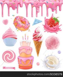 Sweet food. Cake, cupcake, cotton candy, ice cream, strawberry yogurt, donut. Pink glaze seamless pattern. 3d realistic vector set