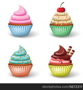 Sweet food chocolate creamy cupcake set isolated vector illustration