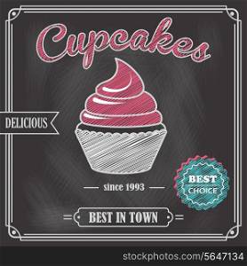 Sweet food dessert cupcake on cafe chalkboard poster vector illustration