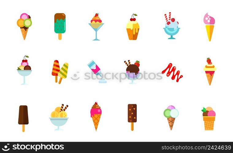 Sweet food icon set. Cream in waffle cone Chock-ice Ice-cream in glass bowl Cupcake with cherry Strawberry dessert Ice-cream on stick Cream can Caramel sauce Vanilla dessert Chock-ice with nuts. Sweet food icon set