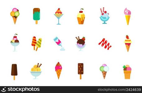 Sweet food icon set. Cream in waffle cone Chock-ice Ice-cream in glass bowl Cupcake with cherry Strawberry dessert Ice-cream on stick Cream can Caramel sauce Vanilla dessert Chock-ice with nuts. Sweet food icon set