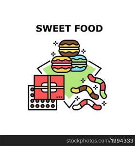Sweet Food Menu Vector Icon Concept. Chocolate Candies Box, Macaroons Cookies And Jelly Worms Sweet Food Menu. Tasty Delicious Nutrition And Dessert, Unhealthy Products Color Illustration. Sweet Food Menu Vector Concept Color Illustration