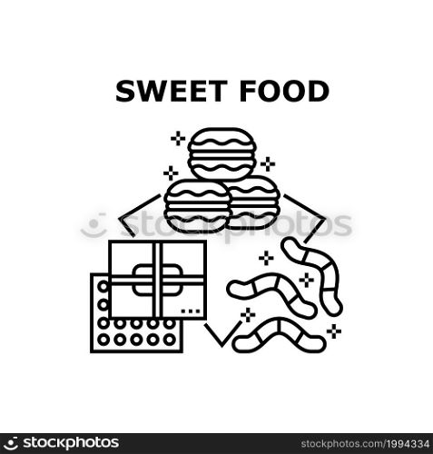 Sweet Food Menu Vector Icon Concept. Chocolate Candies Box, Macaroons Cookies And Jelly Worms Sweet Food Menu. Tasty Delicious Nutrition And Dessert, Unhealthy Products Black Illustration. Sweet Food Menu Vector Concept Black Illustration
