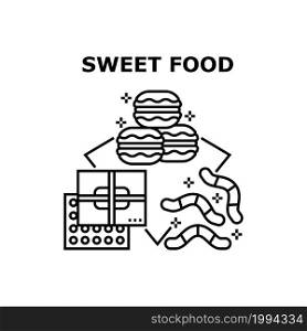Sweet Food Menu Vector Icon Concept. Chocolate Candies Box, Macaroons Cookies And Jelly Worms Sweet Food Menu. Tasty Delicious Nutrition And Dessert, Unhealthy Products Black Illustration. Sweet Food Menu Vector Concept Black Illustration