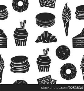Sweet food outline sketch drawing seamless pattern template, isolated vector tasty kitchen background, simple doodle black chalkboard. Cookies, donut, cake, pancakes, croissant, ice cream, muffin.