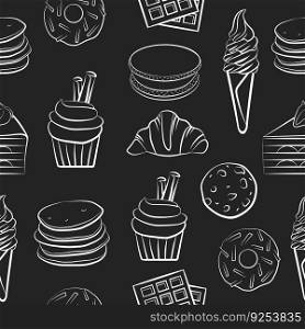 Sweet food outline sketch drawing seamless pattern template, isolated vector tasty kitchen background, simple doodle black chalkboard. Cookies, donut, cake, pancakes, croissant, ice cream, muffin.