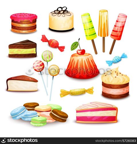 Sweet food set with layered cake ice cream candy isolated vector illustration