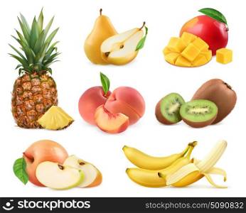 Sweet fruit. Banana, pineapple, apple, mango, kiwi fruit, peach, pear. Whole and pieces. Realistic illustration. 3d vector icons set