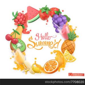 Sweet fruit logo. 3d vector objects. Hello summer plasticine art illustration