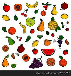 Sweet fruits and berries sketched icons with apple and banana, strawberry and pear, peach and orange, grape and lemon, pomegranate and cherry, cranberry and watermelon among mint leaves. Ripe fresh fruits and berries icons