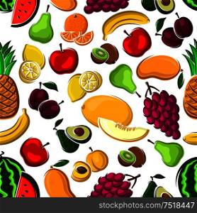 Sweet fruits pattern on white background with seamless apples, mangoes, oranges, peaches, plums, bananas, grapes, lemons, pineapples, watermelons kiwis pears avocados and melons fruits. Sweet and juicy fruits seamless pattern