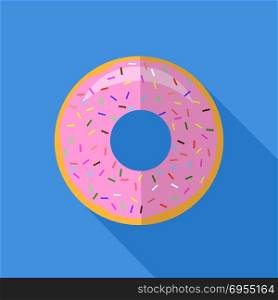 Sweet Glaze Pink Donut Isolated on Blue Background. Fast Food Icon Flat Design. Top View.. Sweet Glaze Pink Donut. Fast Food Icon Flat Design. Top View.