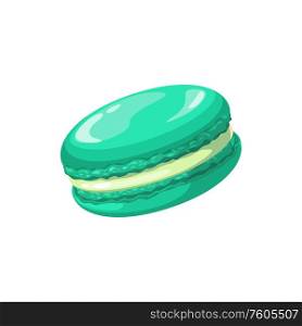 Sweet green macaroon isolated confectionery snack. Vector pastry food cake, french dessert. Macaroon or ratafia cake isolated pastry food