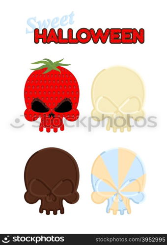 Sweet Halloween. Set Sweet skull of white and dark chocolate, strawberry and caramel. Vector illustration of candy for holidays