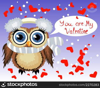 Sweet-hearted brown owl surrounded by hearts You are my Valentine. Love in the air, Saint Valentine, postcard.. Sweet-hearted brown owl surrounded by hearts You are my Valentine. Love in the air, Saint Valentine, postcard