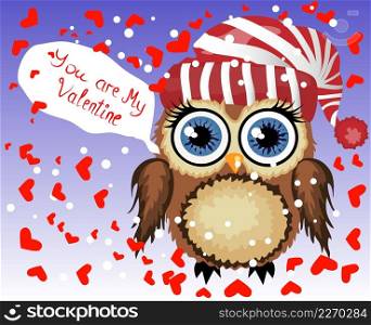 Sweet-hearted brown owl surrounded by hearts You are my Valentine. Love in the air, Saint Valentine, postcard.. Sweet-hearted brown owl surrounded by hearts You are my Valentine. Love in the air, Saint Valentine, postcard