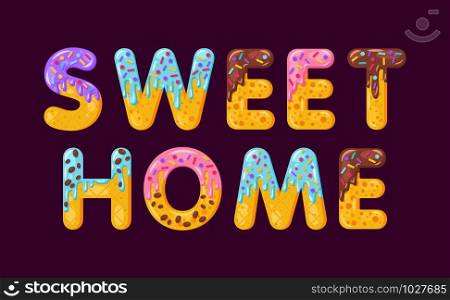 Sweet home biscuit vector lettering. Glazed gingerbread inscription. Tempting flat design typography. Cookies letters phrase isolated on purple. Biscuit word print, housewarming banner element
