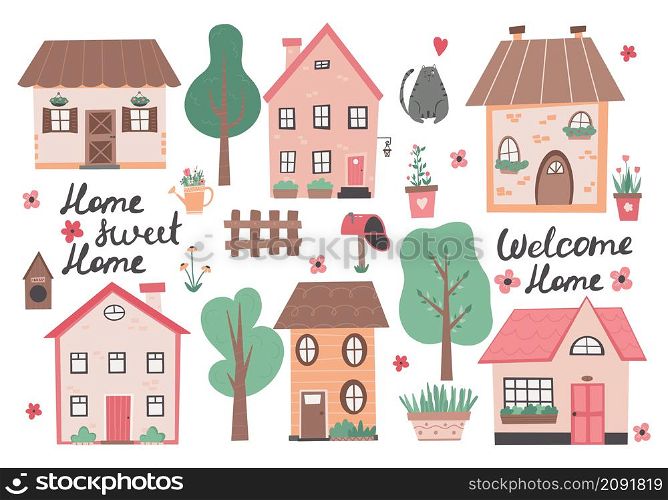Sweet home colorful illustration with little house and flowers. Small houses, garden flowers and trees. Perfect for scrapbooking, poster, tag, sticker kit , greeting cards, party invitations.Hand drawn vector illustration. Sweet home colorful illustration with little house and flowers. Hand drawn vector illustration