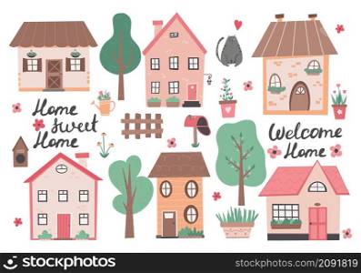 Sweet home colorful illustration with little house and flowers. Small houses, garden flowers and trees. Perfect for scrapbooking, poster, tag, sticker kit , greeting cards, party invitations.Hand drawn vector illustration. Sweet home colorful illustration with little house and flowers. Hand drawn vector illustration
