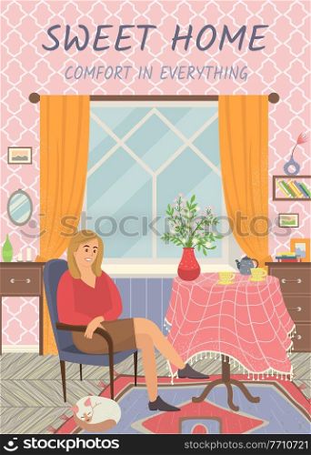 Sweet home comfort in everything. Woman is sitting on a chair. The cat is sleeping next to the owner. Cups of tea and a kettle are on the table. Female character is sitting on the soft chair. Sweet home comfort in everything. Woman is sitting on a chair. The cat is sleeping next to the owner