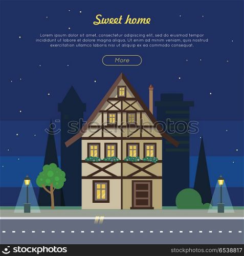 Sweet Home Flat Vector Web Banner. Sweet home web banner. Half-timbered house on night city street flat vector illustration. Own dream dwelling. Fachwerk comfortable house for family. For real estate, building company landing page. Sweet Home Flat Vector Web Banner