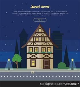 Sweet Home Flat Vector Web Banner. Sweet home web banner. Half-timbered house on night city street flat vector illustration. Own dream dwelling. Fachwerk comfortable house for family. For real estate, building company landing page. Sweet Home Flat Vector Web Banner