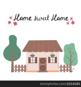 Sweet home lettering with cute house Hand drawn trendy vector illustration with colored houses. Cozy country house. Flat design. Scandinavian style buildings.. Sweet home lettering with cute house Hand drawn trendy vector illustration with colored houses.