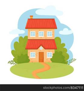 Sweet home on the background of the sky and the garden. Vector flat style illustration.. Sweet home on the background of the sky and the garden.