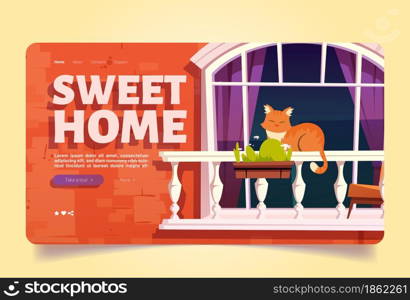 Sweet home with cat sleep on balcony cartoon landing page. Pet relax outside of house. Calm kitten lying on banister at brick wall facade with arched window, domestic animal life Vector illustration. Sweet home, cat sleep on balcony cartoon landing