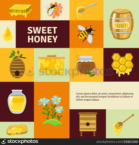 Sweet Honey Icons Set. Sweet honey icons set with bees flowers and honeycombs flat isolated vector illustration