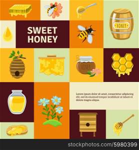 Sweet Honey Icons Set. Sweet honey icons set with bees flowers and honeycombs flat isolated vector illustration