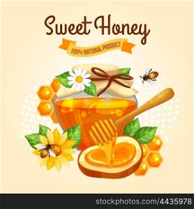 Sweet Honey Poster. Sweet Honey poster with bees jar and yellow flowers on beige background vector illustration