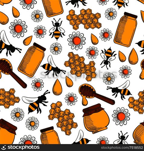 Sweet honey products seamless background. Wallpaper with vector pattern icons of honey, bee, honeycomb, jar, pot, spoon, flower. Beekeeping elements for patisserie, bakery, shop. Sweet honey seamless pattern background