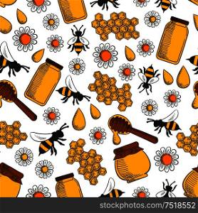 Sweet honey products seamless background. Wallpaper with vector pattern icons of honey, bee, honeycomb, jar, pot, spoon, flower. Beekeeping elements for patisserie, bakery, shop. Sweet honey seamless pattern background