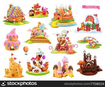 Sweet houses and castles. 3d vector cartoon objects