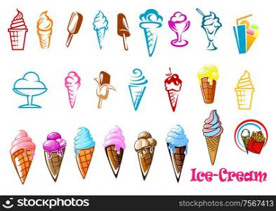 Sweet ice cream dessert food icon set in cartoon style isolated on white background