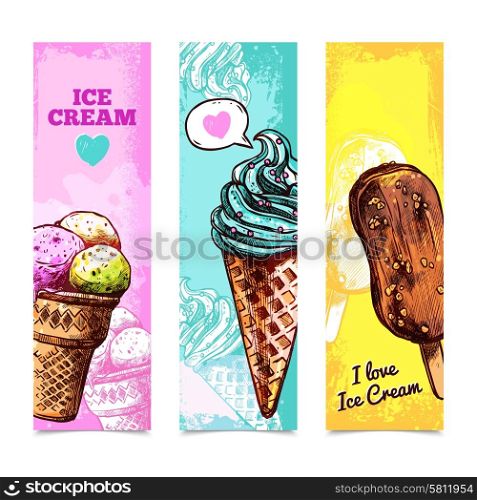 Sweet ice cream vertical banner hand drawn set isolated vector illustration. Sweet Banner Set