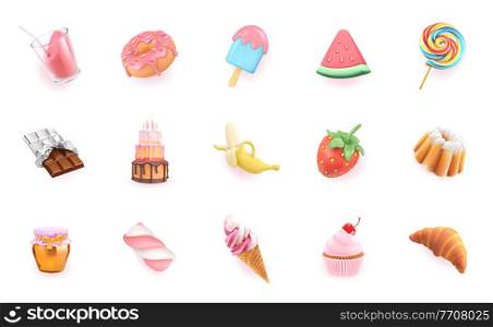 Sweet icons set. 3d realistic vector objects. Cocktail, dessert, cupcake, cake, strawberry, watermelon, banana, chocolate, ice cream, honey, croissant, donut, candy