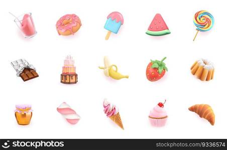 Sweet icons set. 3d realistic vector objects. Cocktail, dessert, cupcake, cake, strawberry, watermelon, banana, chocolate, ice cream, honey, croissant, donut, candy