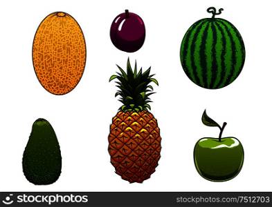 Sweet juicy watermelon, green apple, pineapple, yellow melon, avocado and plum fruits isolated on white background. Ripe watermelon, apple and other fruits