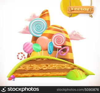 Sweet land. Cake, cupcake, candy. 3d vector icon