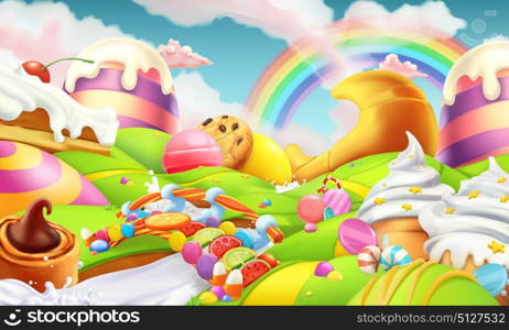 Sweet landscape. Candy land. Candies and milk river 3d vector background