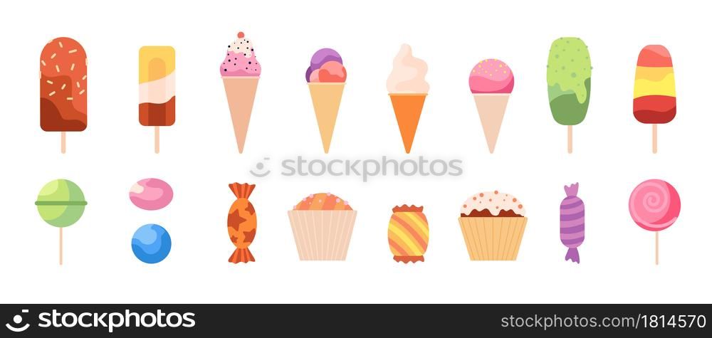 Sweet lollipops. Dessert sweets, candy ice cream cupcakes. Confectionery food, cartoon flat delicious kids gifts utter vector collection. Ice cream treat and confectionery delicious illustration. Sweet lollipops. Dessert sweets, candy ice cream cupcakes. Confectionery food, cartoon flat delicious kids gifts utter vector collection