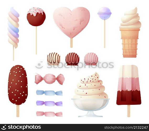 Sweet lollipops. Ice cream, popsicle and sweets. Creamy dessert in waffle cone. Isolated candy, liquid chocolate. Delicious food swanky vector set. Summer ice cream on stick illustration. Sweet lollipops. Ice cream, popsicle and sweets. Creamy dessert in waffle cone. Isolated candy, liquid chocolate. Delicious food swanky vector set